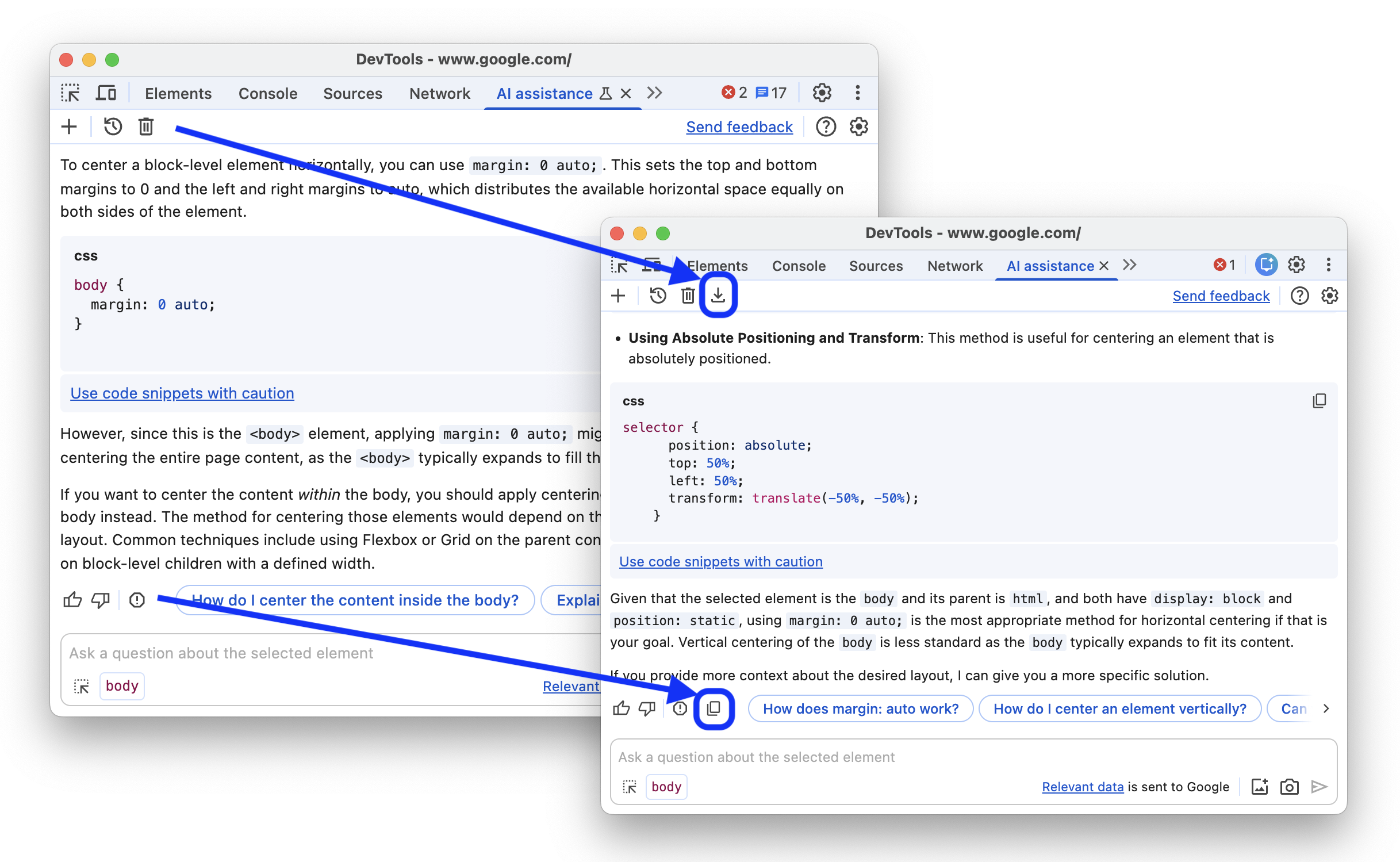 Antes e depois de adicionar o botão de exportação e cópia à assistência de IA.