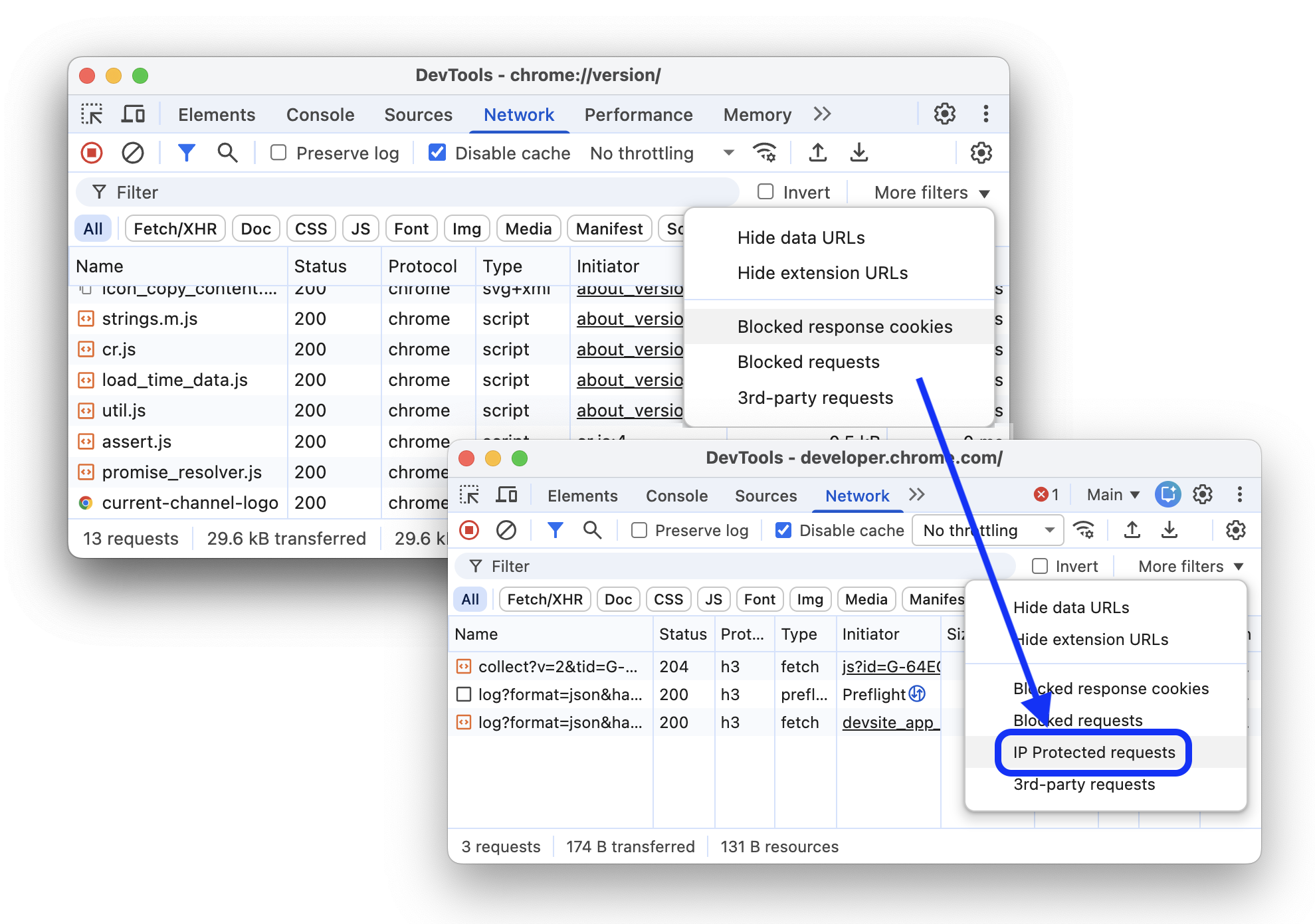 Ağ paneline &quot;IP Protected requests&quot; filtresi eklenmeden önce ve eklendikten sonraki durum.