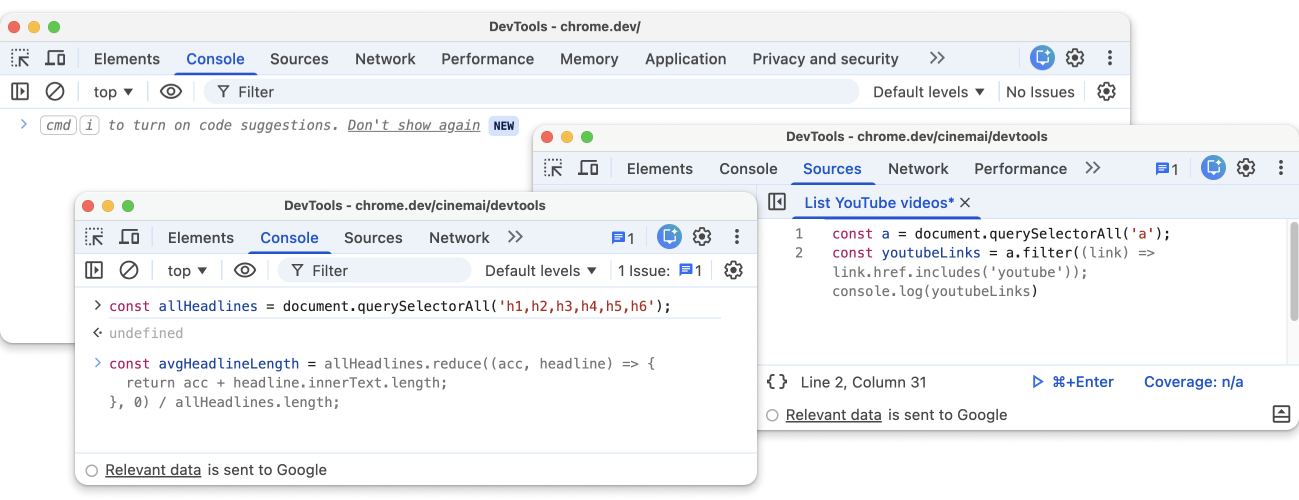 قابلیت پیشنهاد کد در پنل‌های Console و Sources