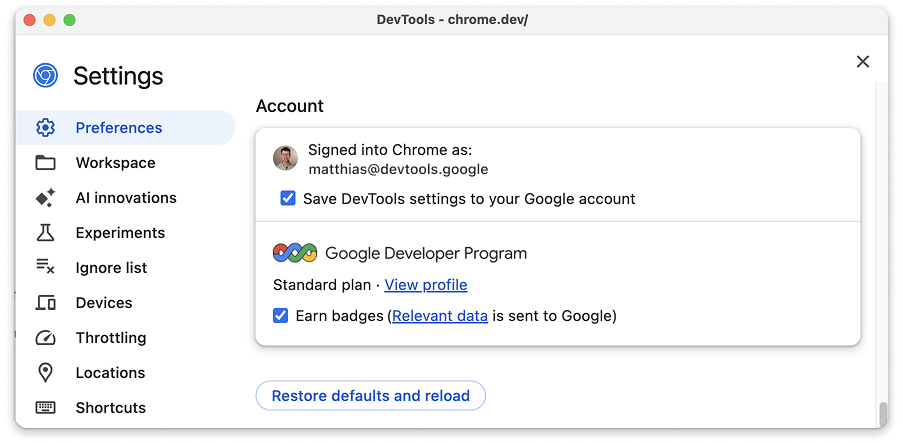 DevTools की सेटिंग में Google डेवलपर प्रोफ़ाइल के लिए कंट्रोल