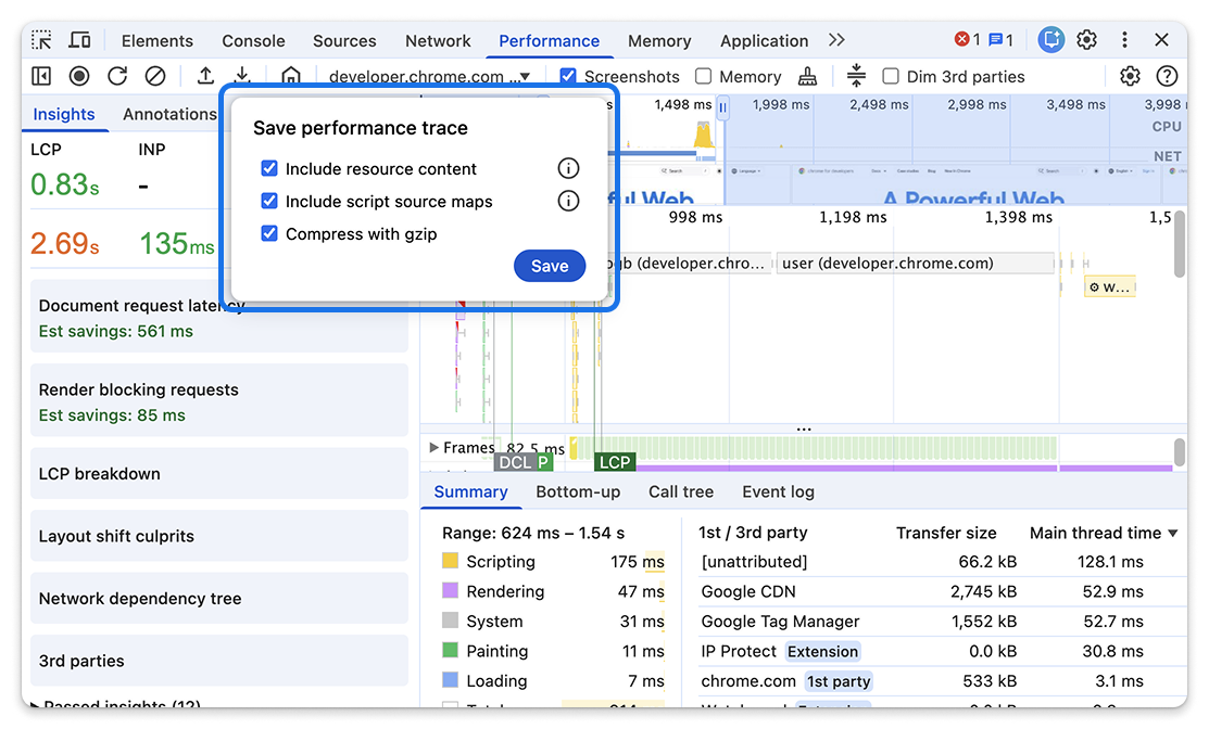 পারফরম্যান্স প্যানেলে ট্রেস শেয়ারিং ডায়ালগ