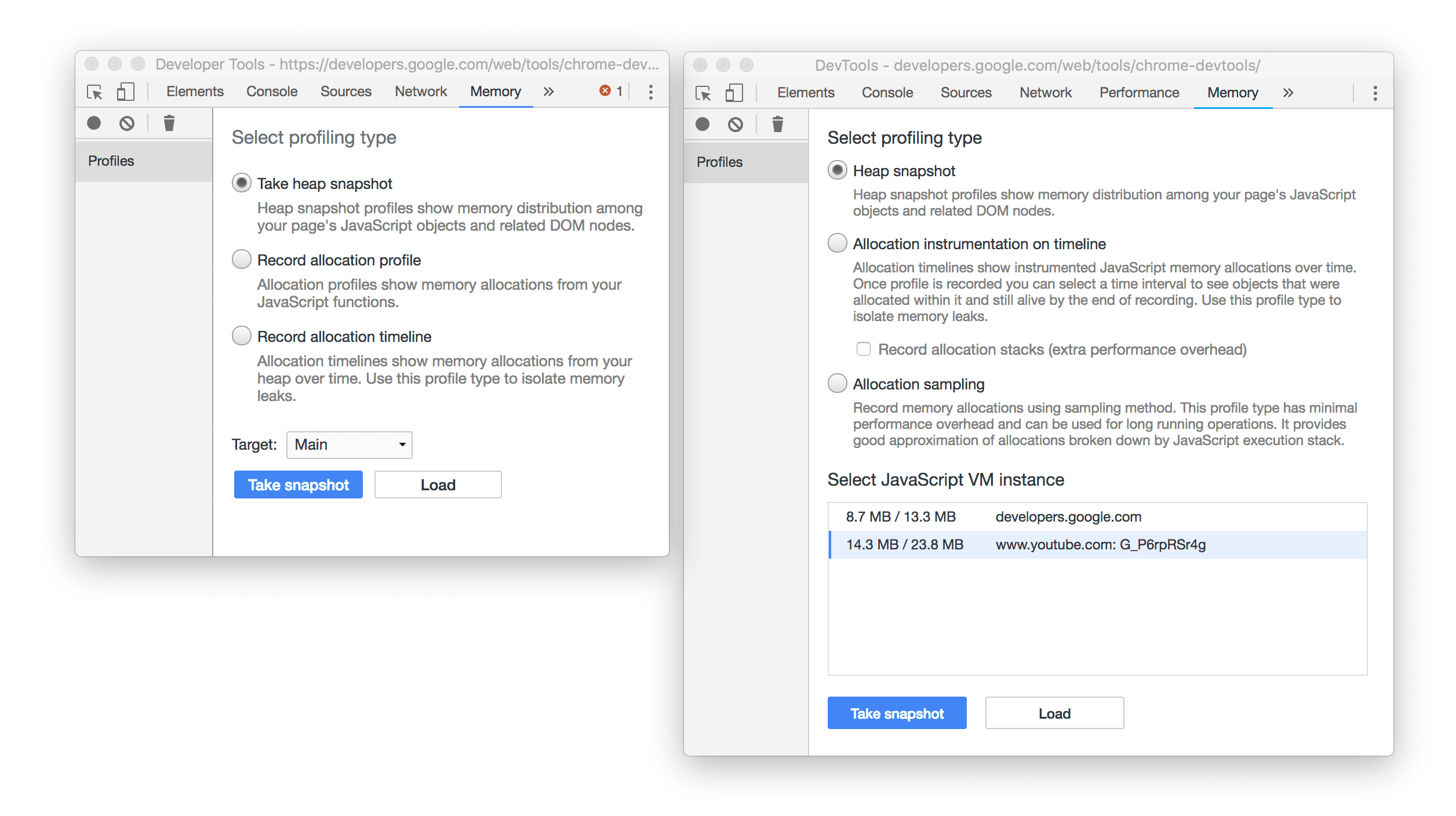 Before and after screenshots of the Memory panel.