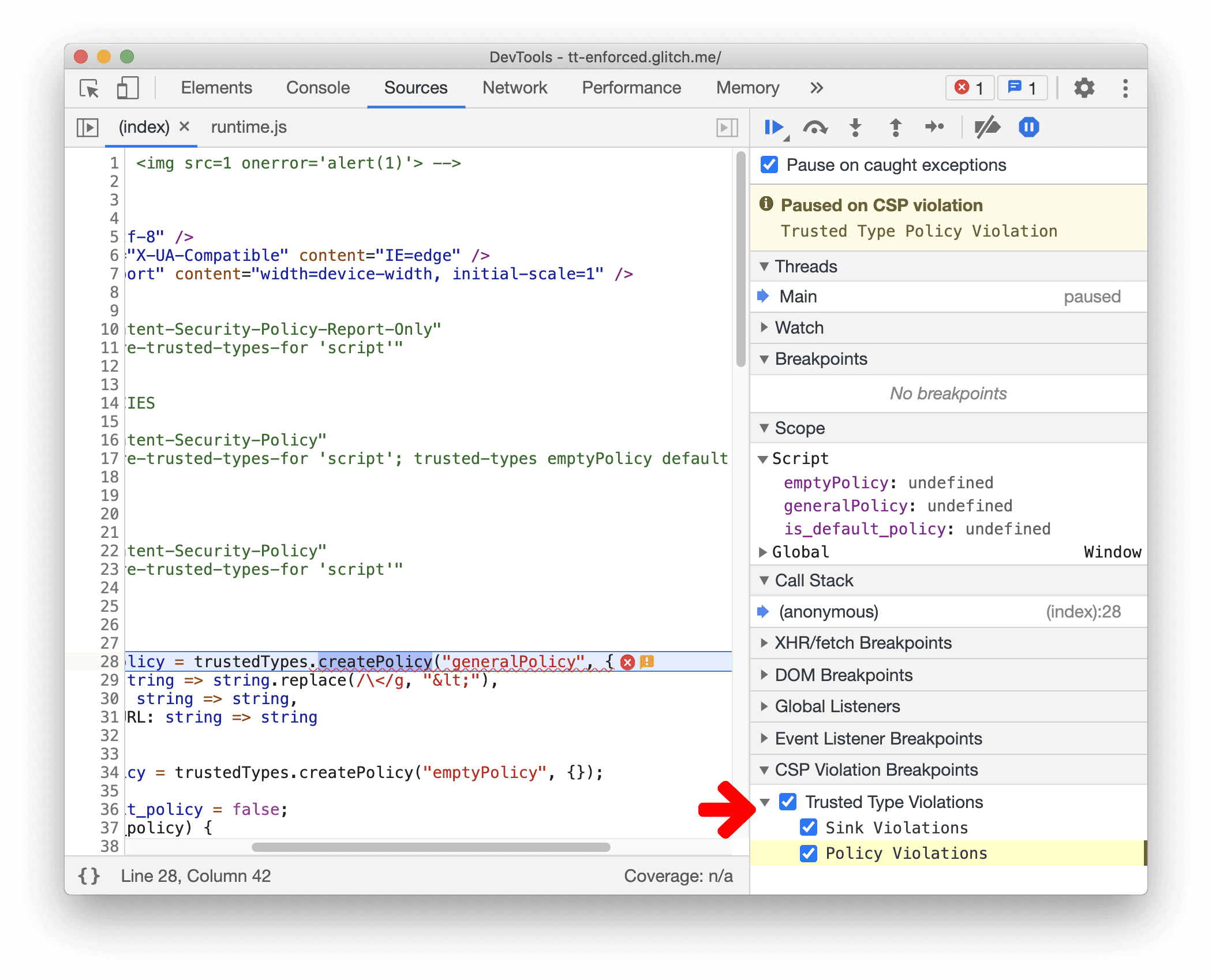 Breakpoint on Trusted Type violations