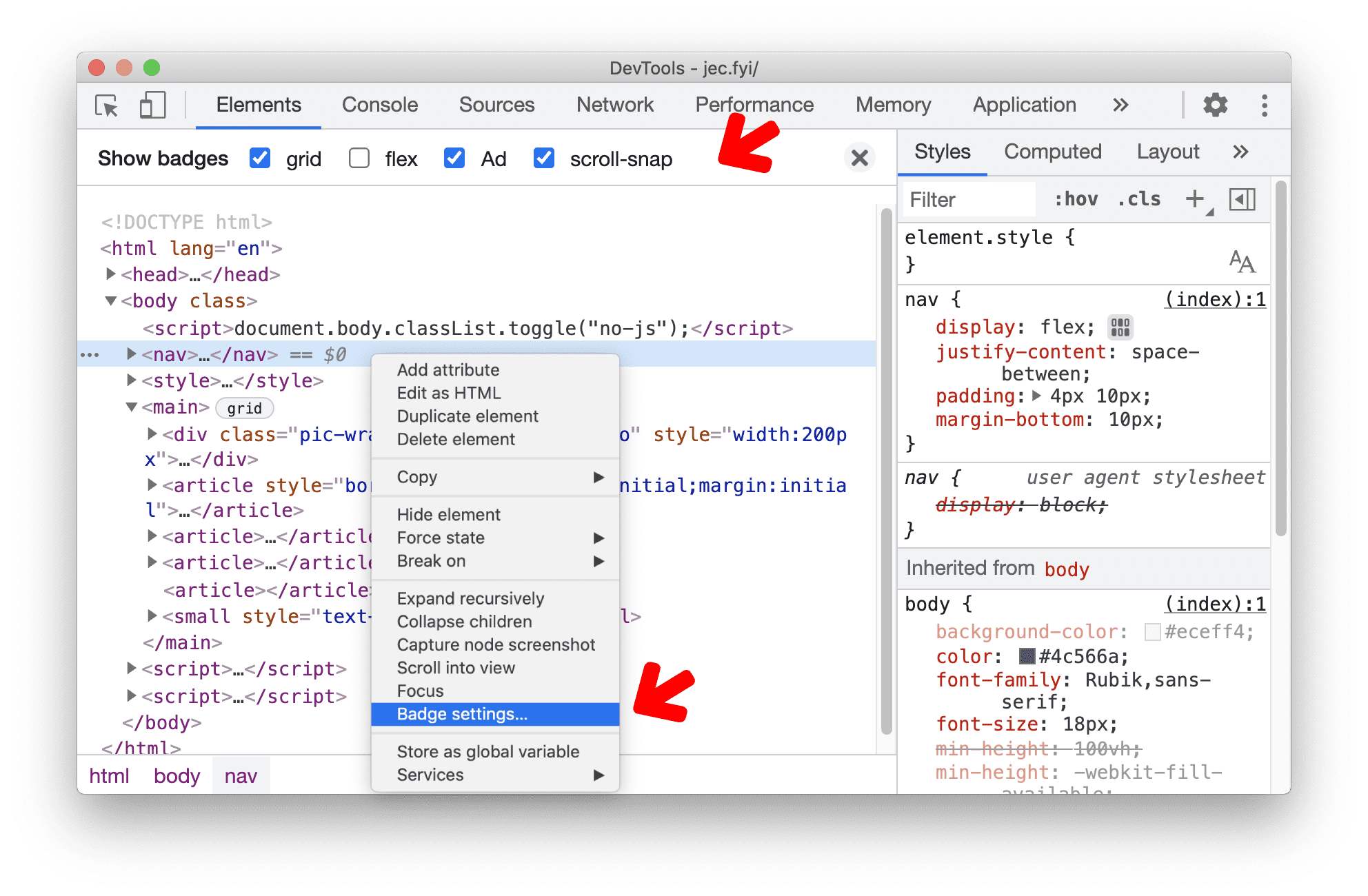 badge settings pane in the Elements panel