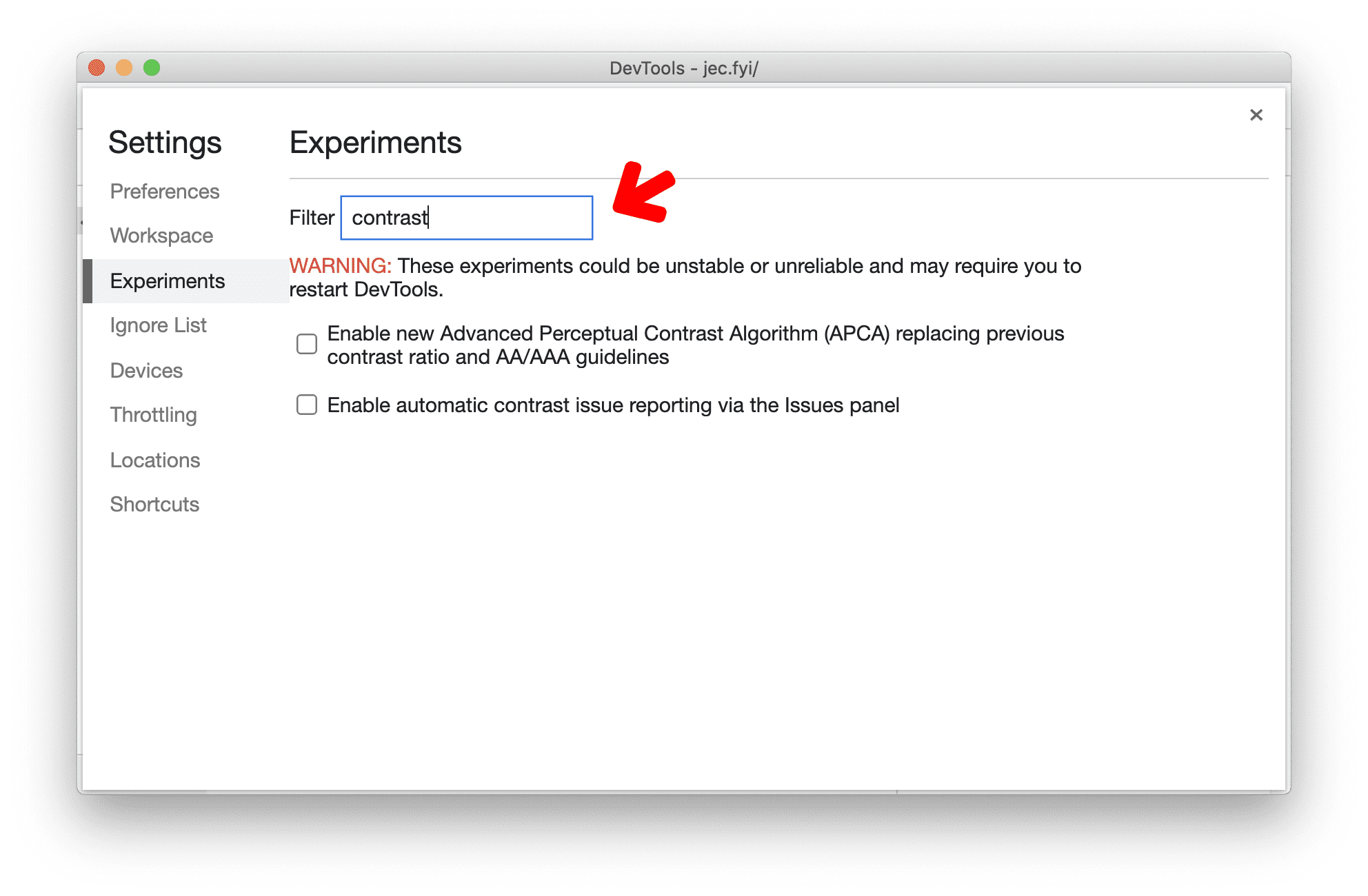 Filtrare gli esperimenti nell'impostazione Esperimenti