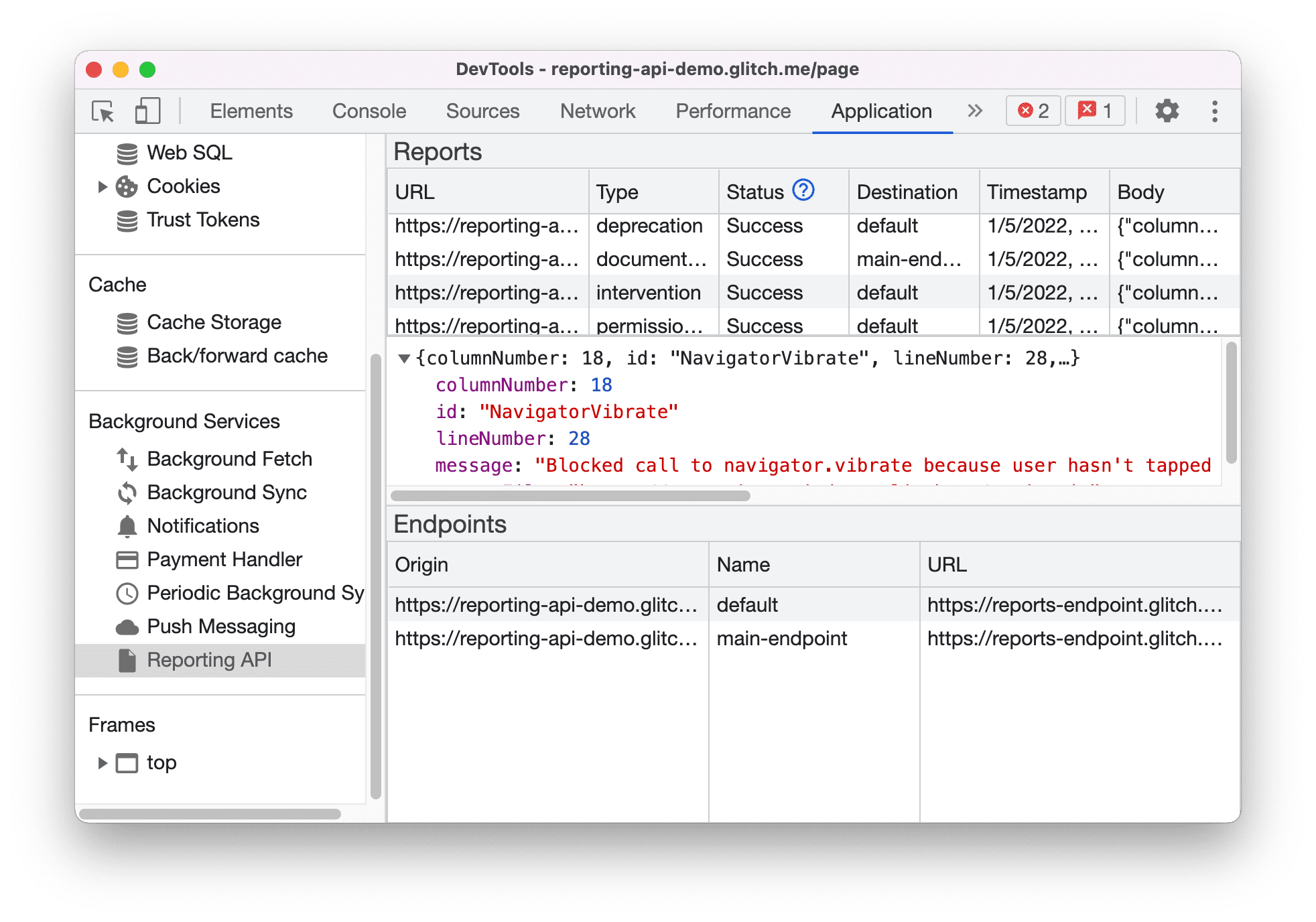 Reporting API pane