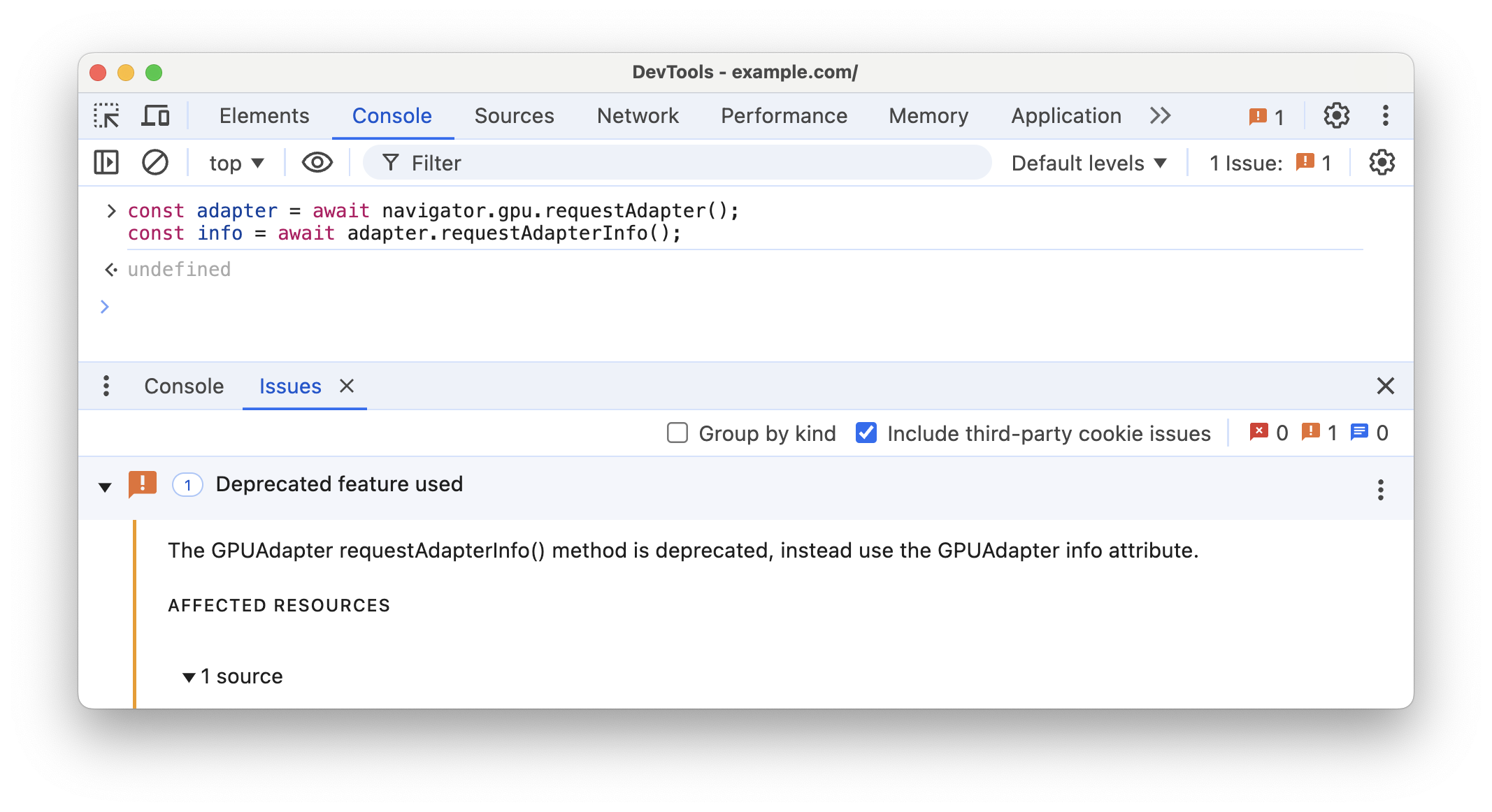 DevTools console displays a deprecation warning for requestAdapterInfo().