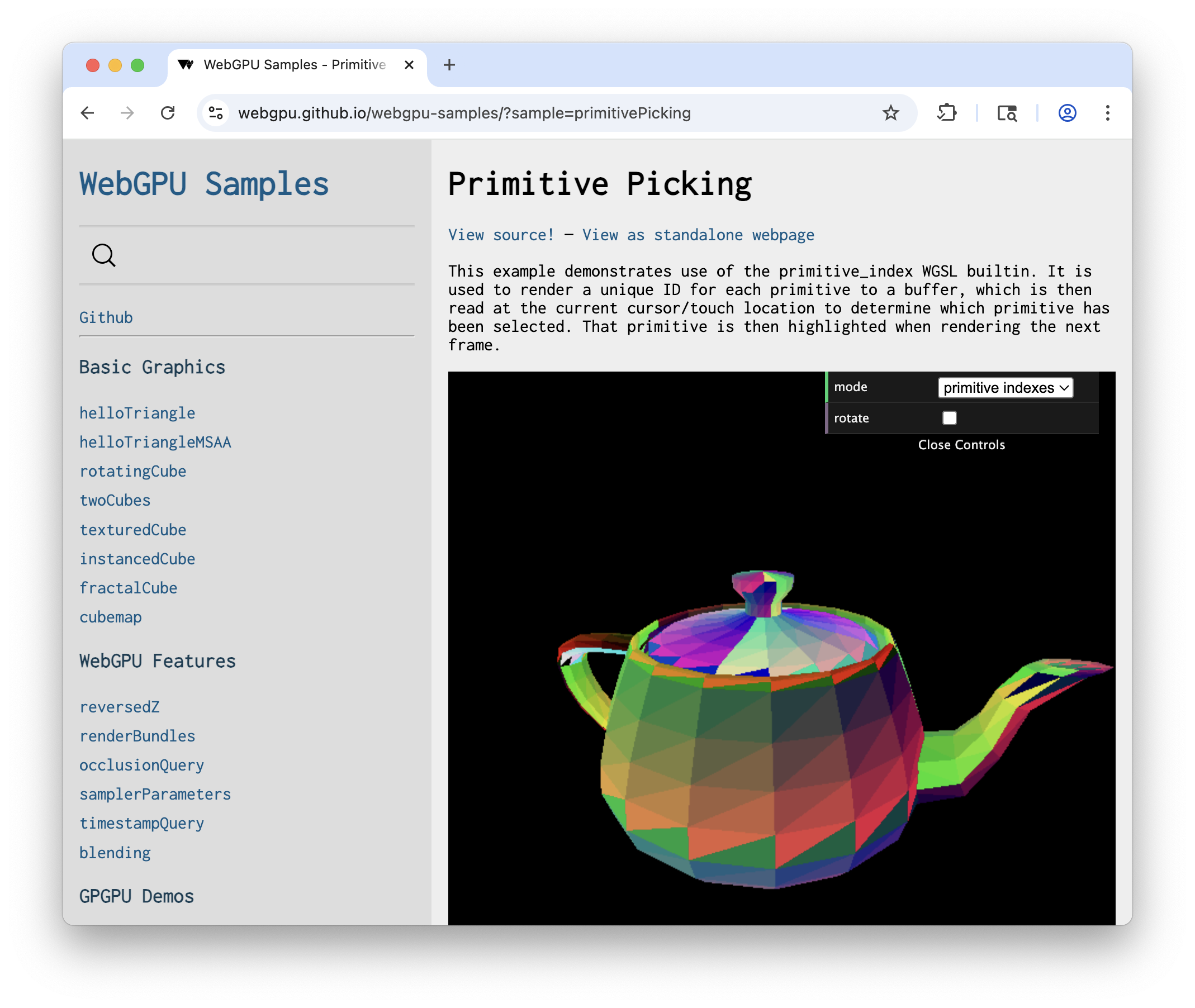 I triangoli del modello di teiera 3D sono colorati in base ai valori dell'indice primitivo.