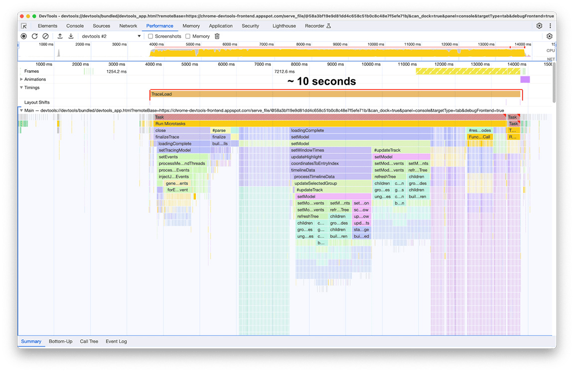Capture d&#39;écran du panneau des performances montrant le chargement des traces avant les optimisations. Le processus a pris environ dix secondes.