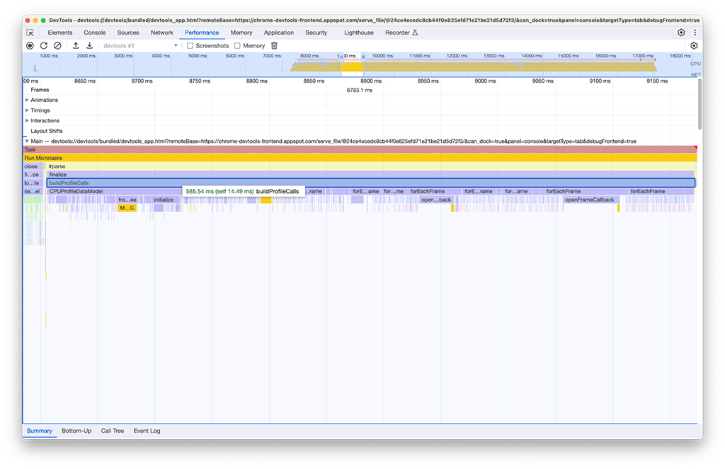 Capture d&#39;écran du panneau &quot;Performances&quot; des outils de développement inspectant une autre instance du panneau &quot;Performances&quot;. Une tâche associée à la fonction buildProfileCalls prend environ 0,5 seconde.