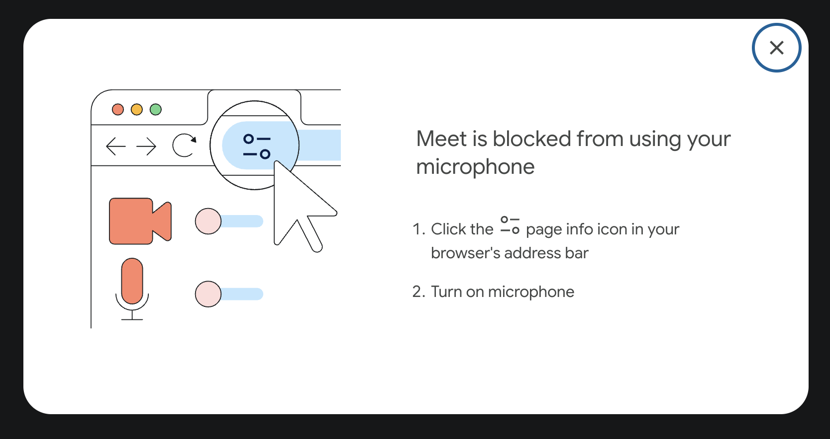 Google Meet 说明:如何打开 Chrome 网站控件。