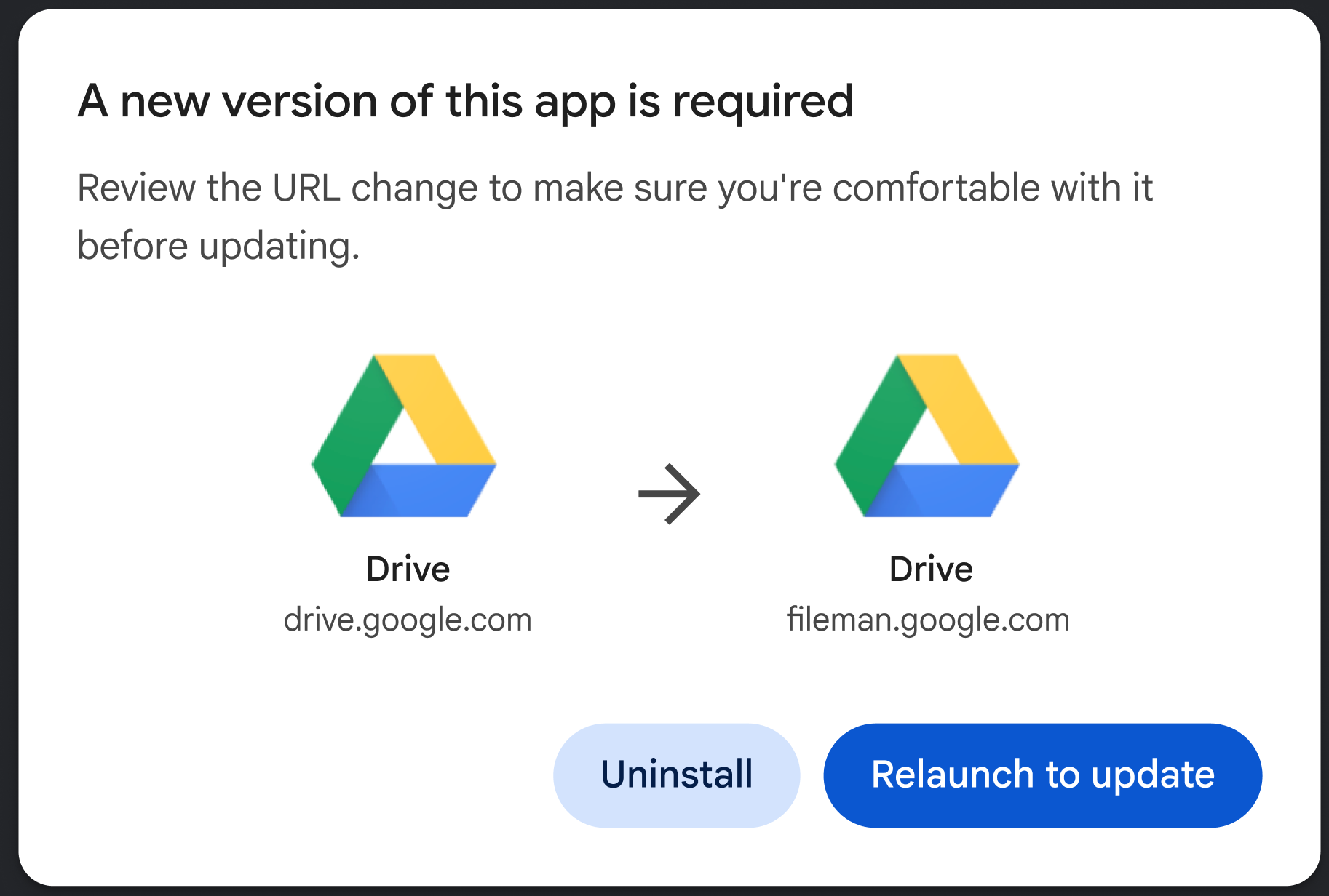 The dialog tells the user that a new version of the app is required.