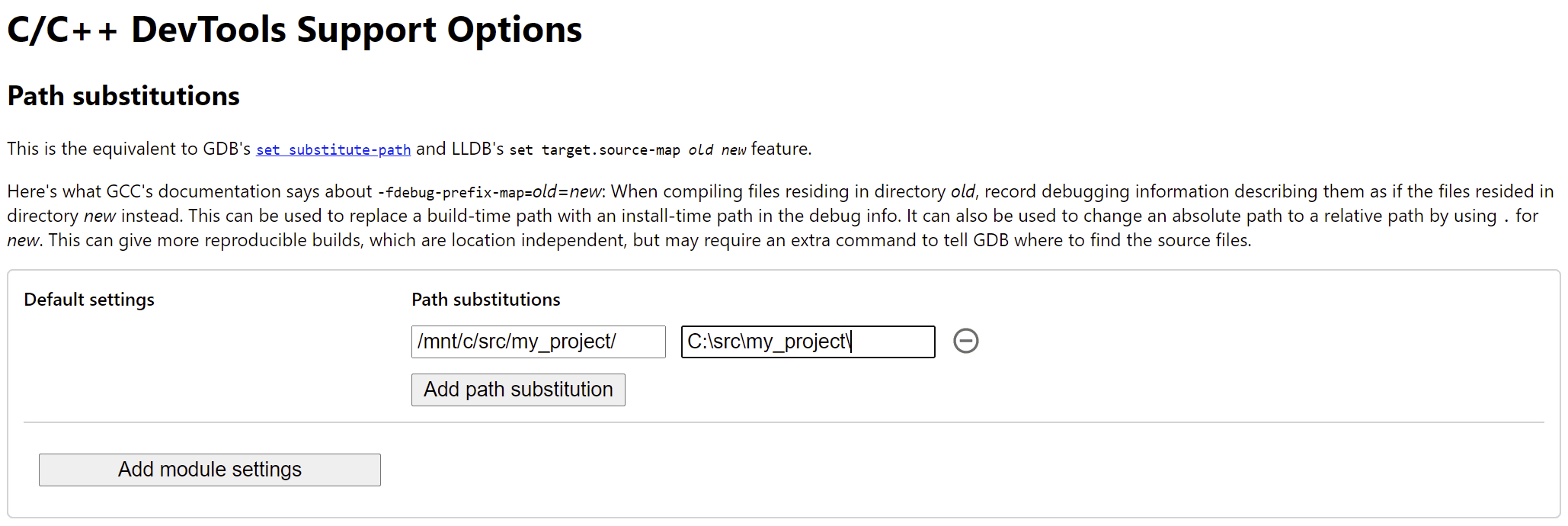 Options page of the C/C++ debugging extension