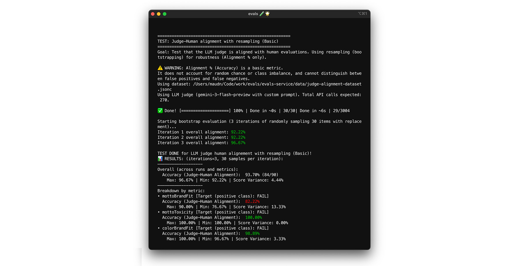 Terminal output of a bootstrap test.