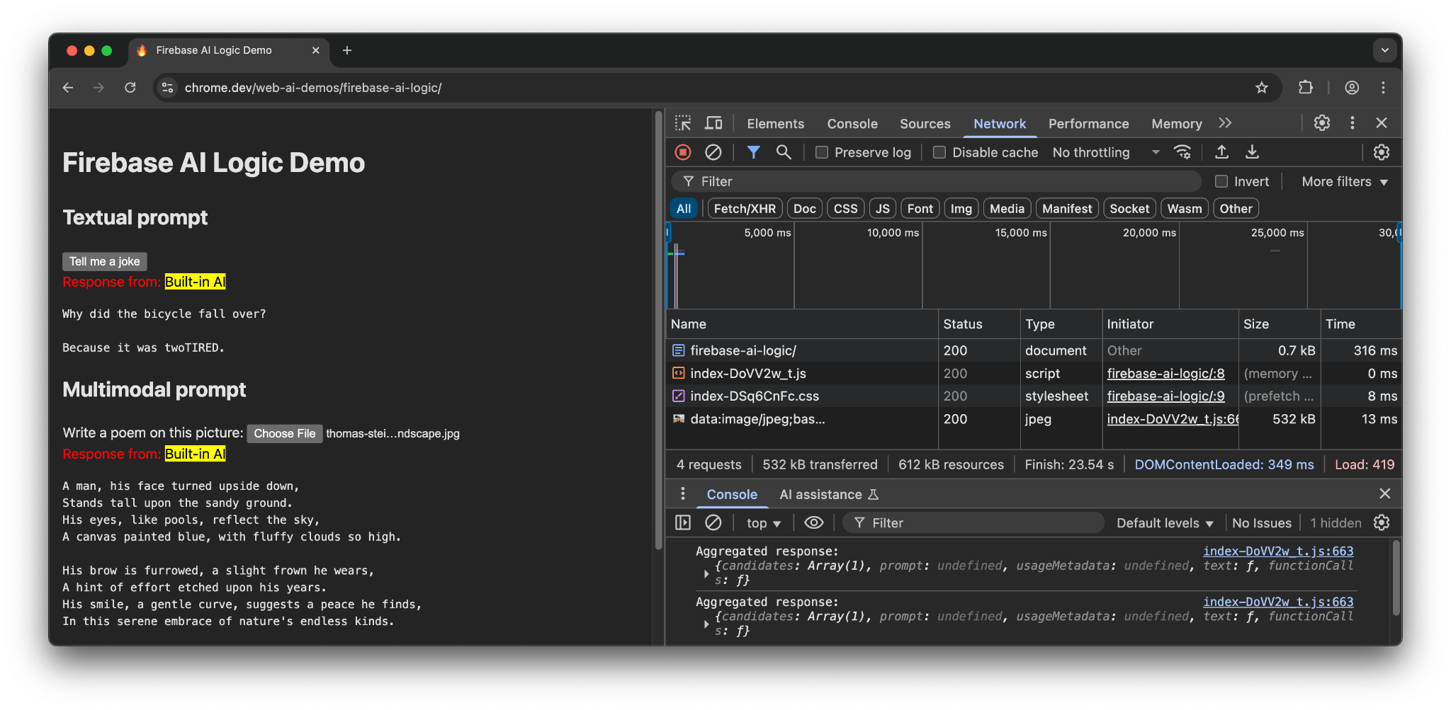 在 Chrome 中執行的 Firebase AI 邏輯,使用內建的 AI API。