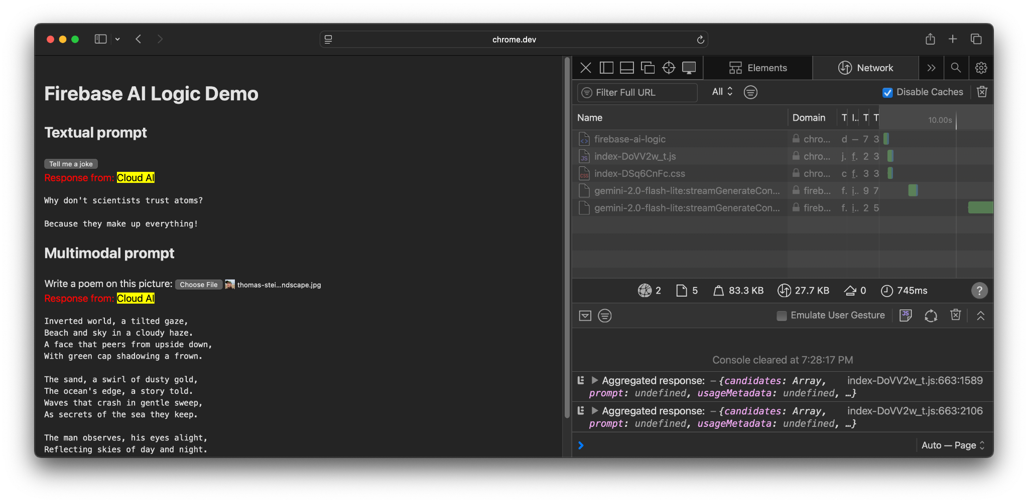 Safari で実行されている Firebase AI Logic が Firebase サーバーにリクエストを送信している。