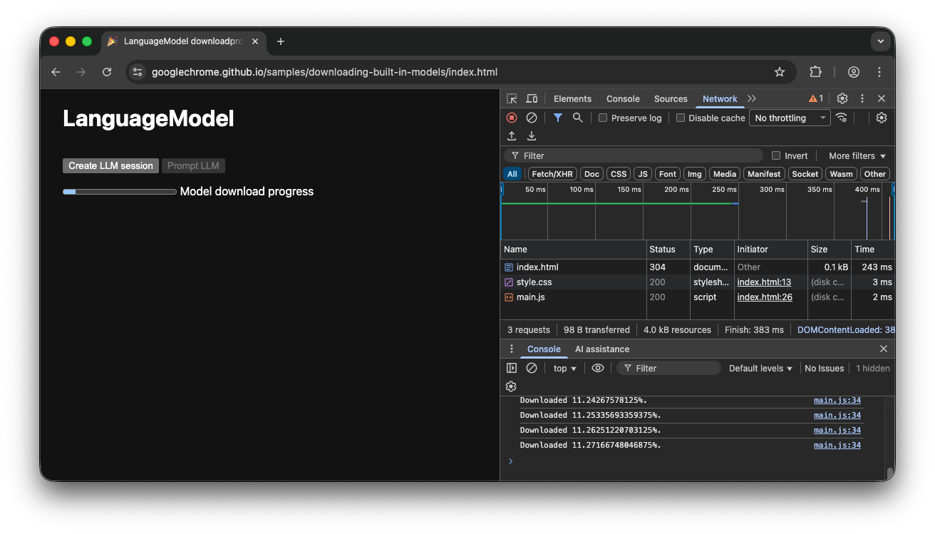 Yerleşik model indirilirken uygulama henüz kullanılamaz.