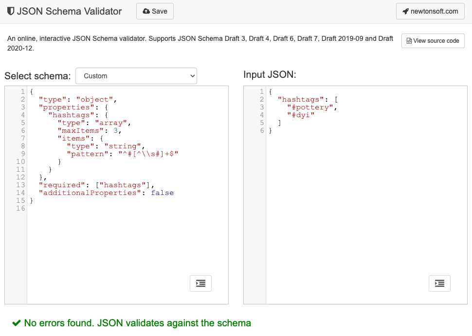 Успешная проверка JSON-объекта на соответствие JSON-схеме в JSON-валидаторе.