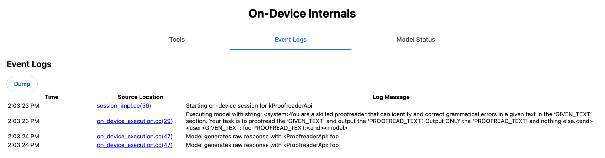 Chrome On-Device Internals debug page on the Event Logs tab
revealing the system prompt for a call of the Proofreader API.