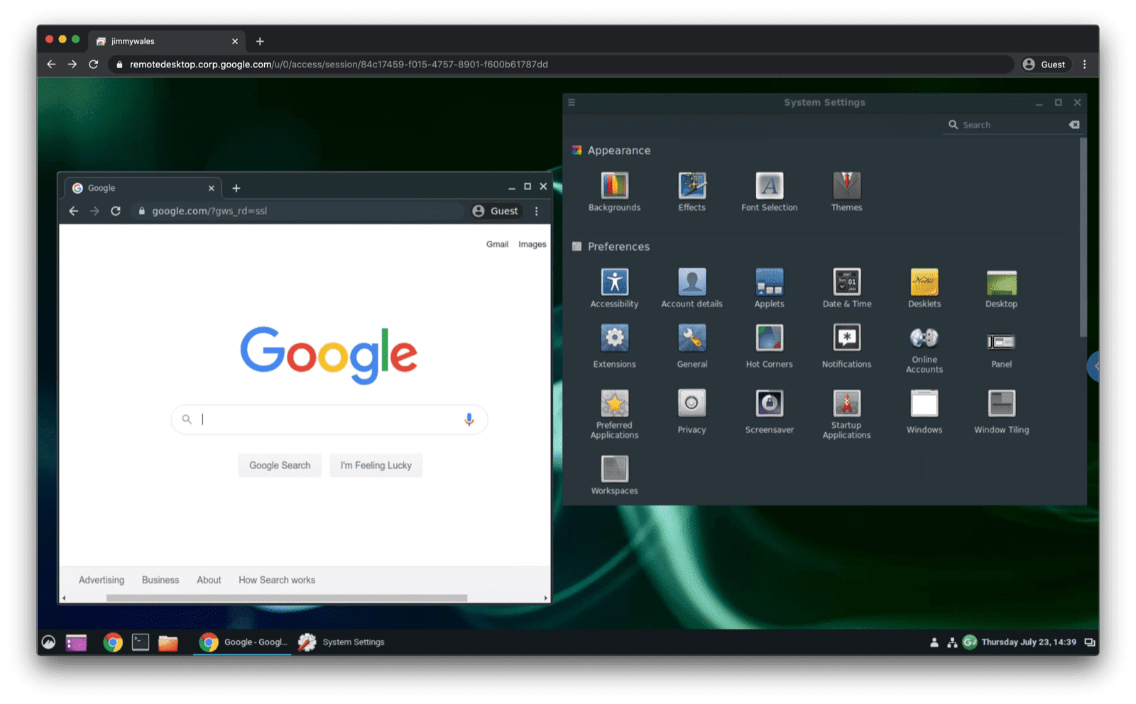 Ubuntu Linux transmitido a una pestaña del navegador en macOS Chrome (aún no se ejecuta en modo de pantalla completa).