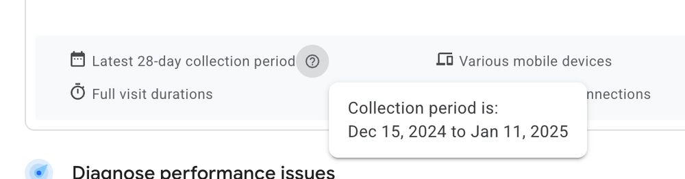 PageSpeed Insights shows the collection period dates in a tooltip.