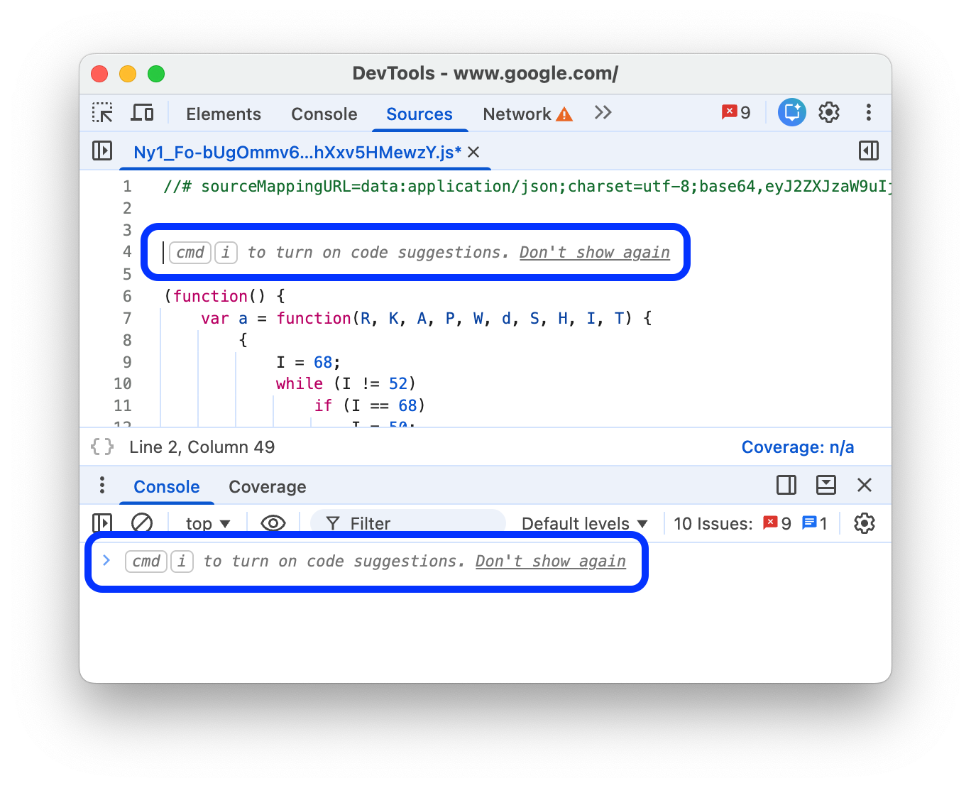 Turning on code suggestions in Sources and Console with a shortcut.