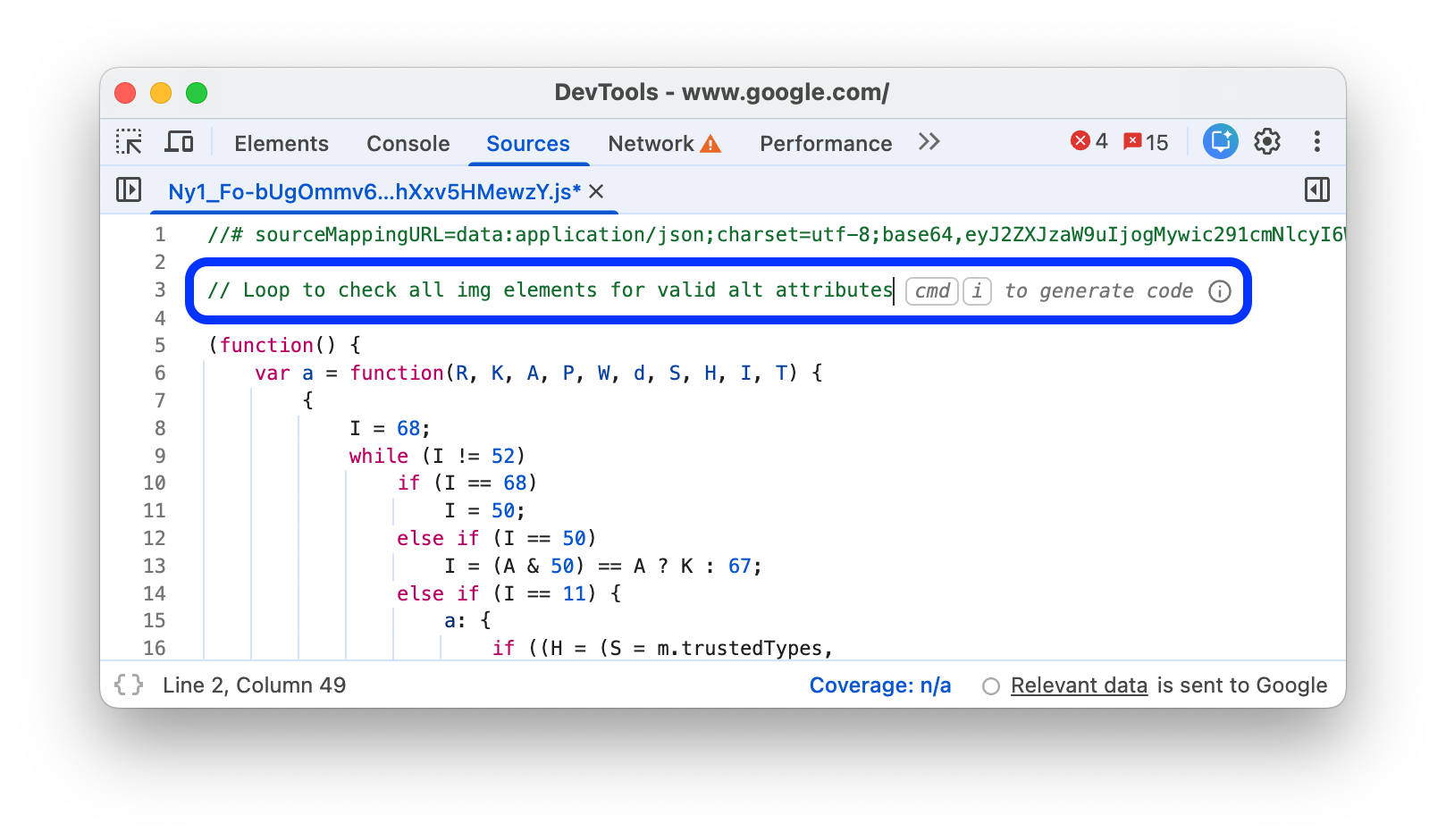 Een prompt voor het genereren van code in een JavaScript-commentaar.