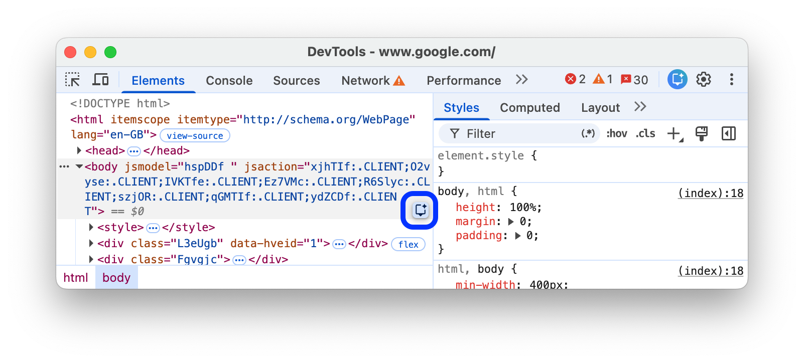 The 'Debug with AI' button next to an element.