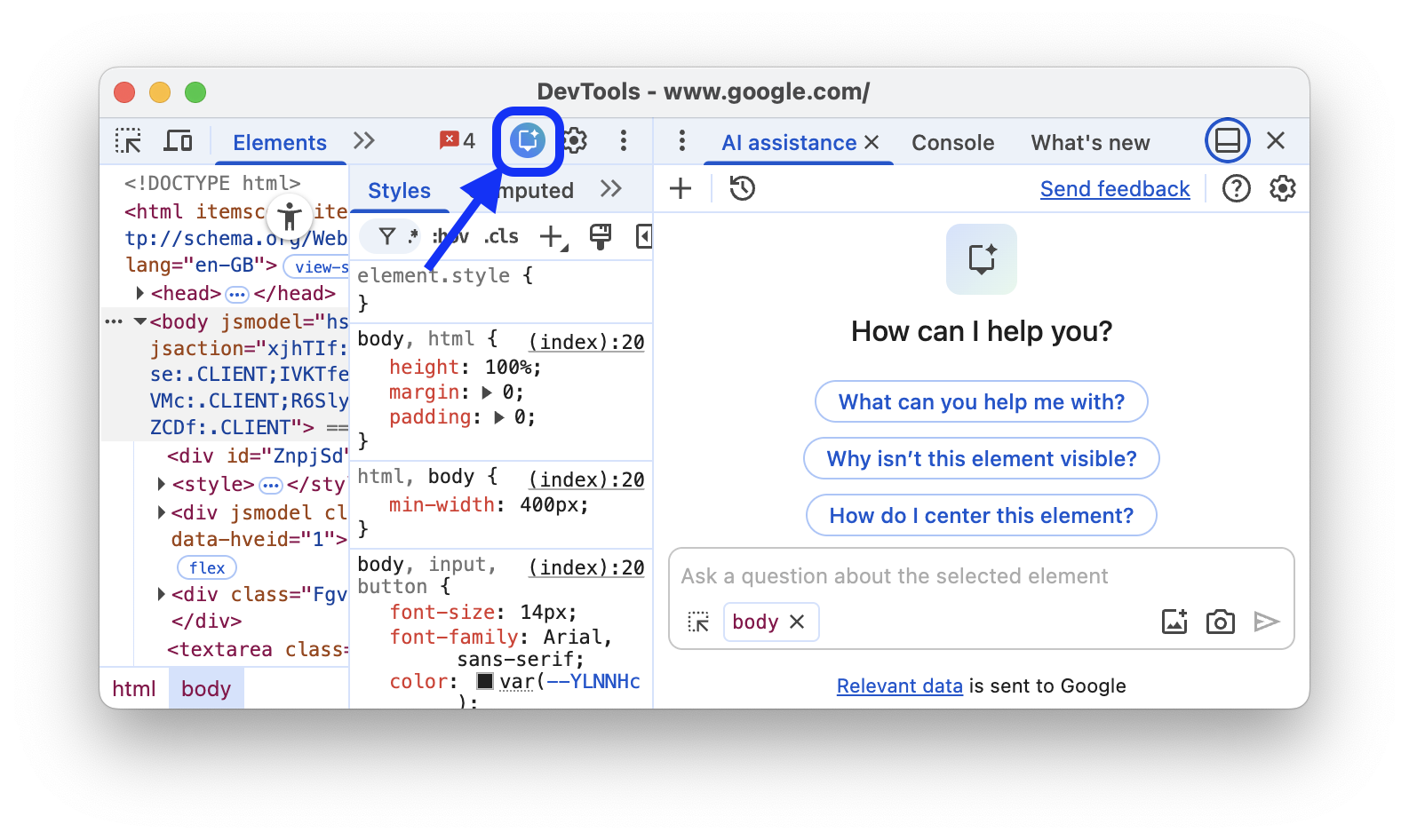 De knop voor AI-ondersteuning bevindt zich rechtsboven in de DevTools-werkbalk.