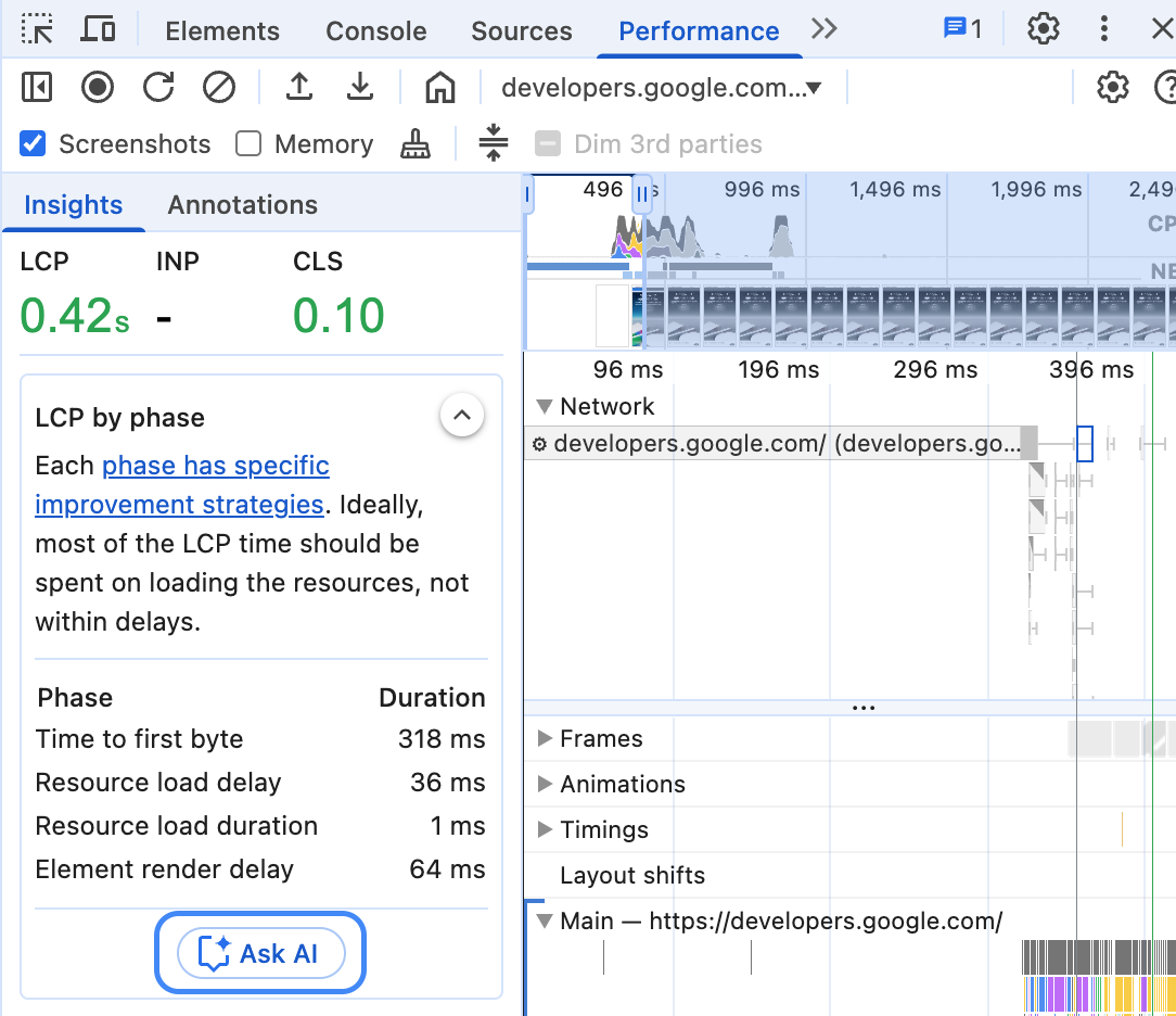دکمه‌ی «از هوش مصنوعی بپرسید» که زیر بخش عملکرد LCP هایلایت شده است.