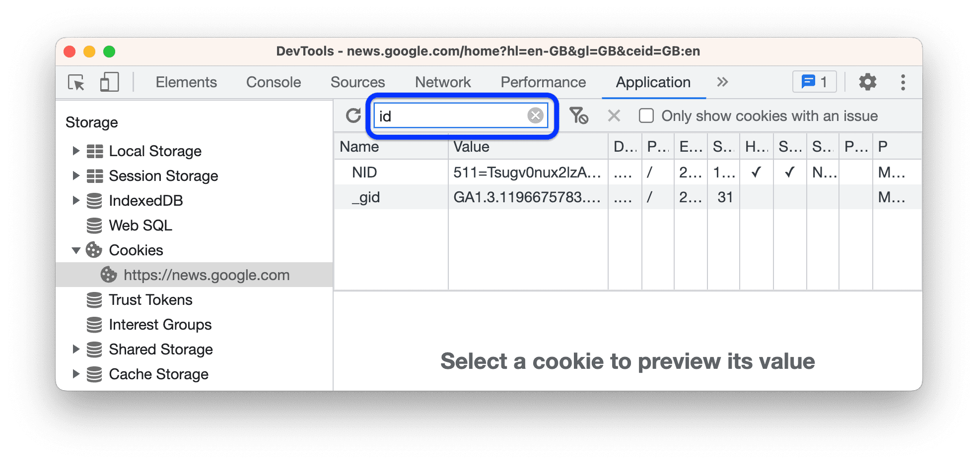 Filtering out any cookies that don't contain 'id'.