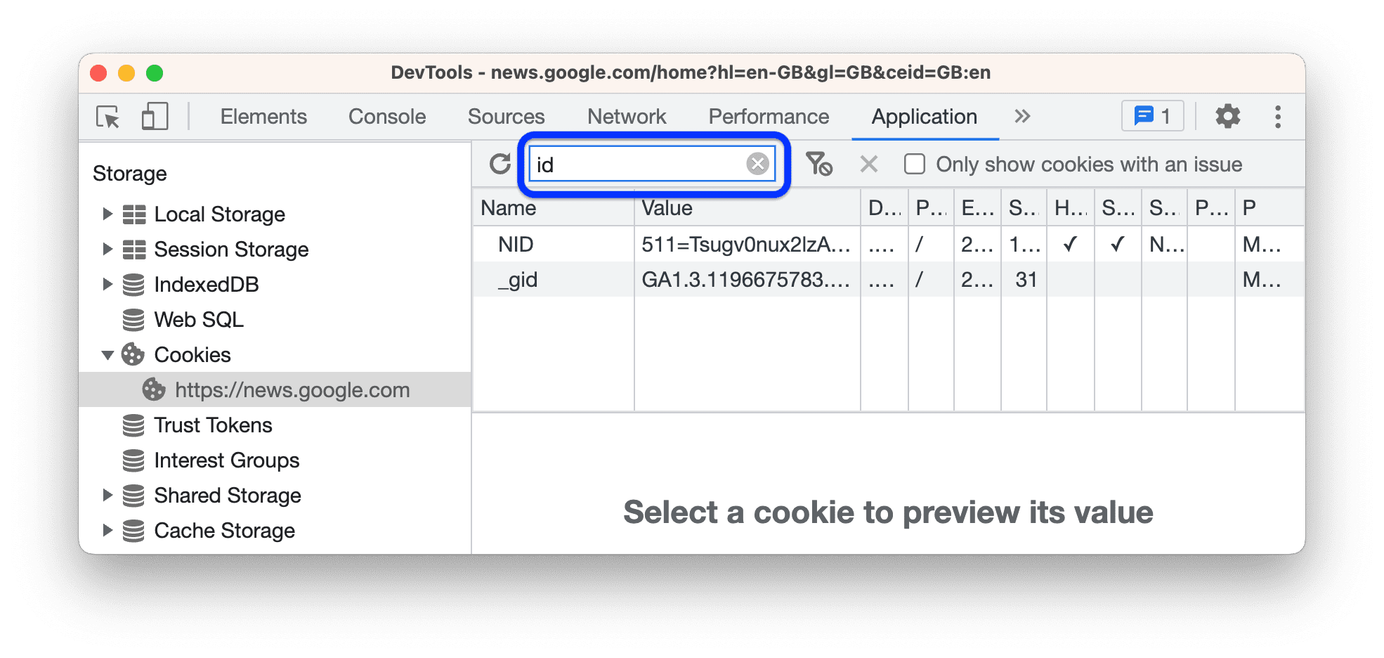 Filtrer les cookies qui ne contiennent pas "id".