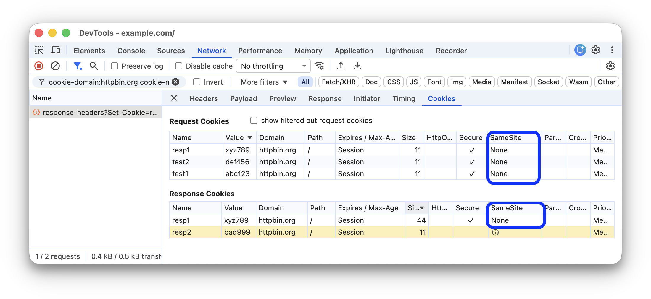 Cookies with the SameSite=None attribute in the Network panel.
