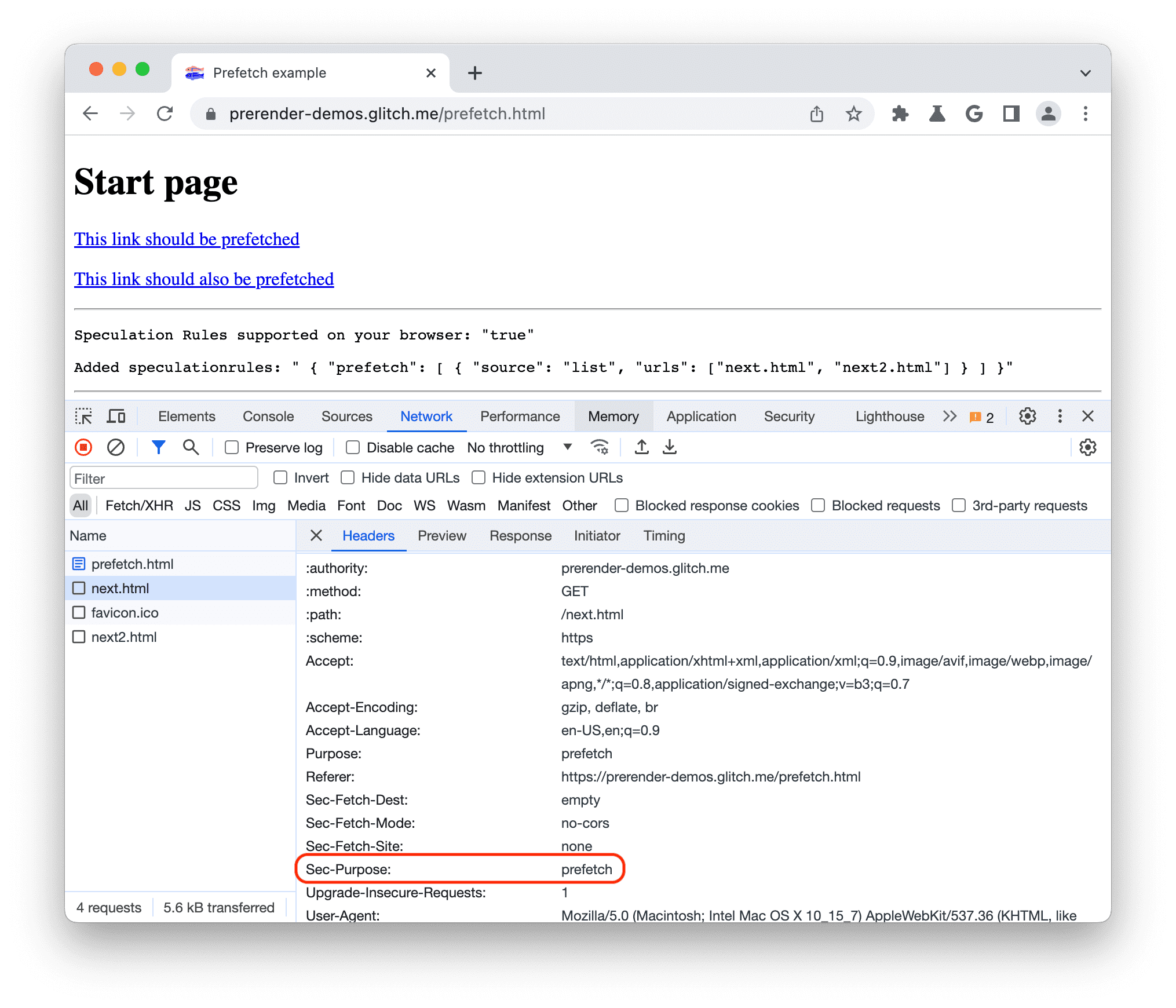 Chrome DevTools prefetch headers with Sec-Purpose set to prefetch