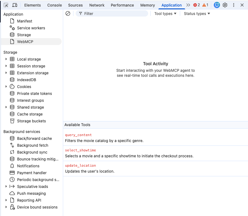 The DevTools Application panel with the WebMCP pane selected in the Application sidebar.