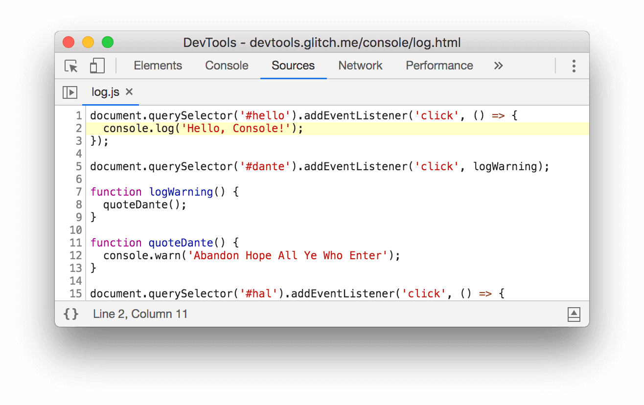 DevTools opens the Sources panel after you click log.js:2.