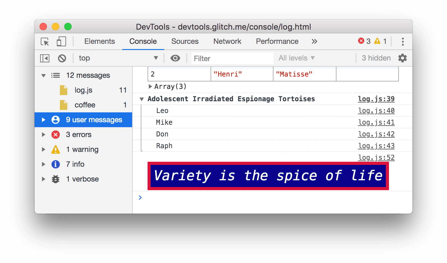 Filtrer les messages du navigateur.