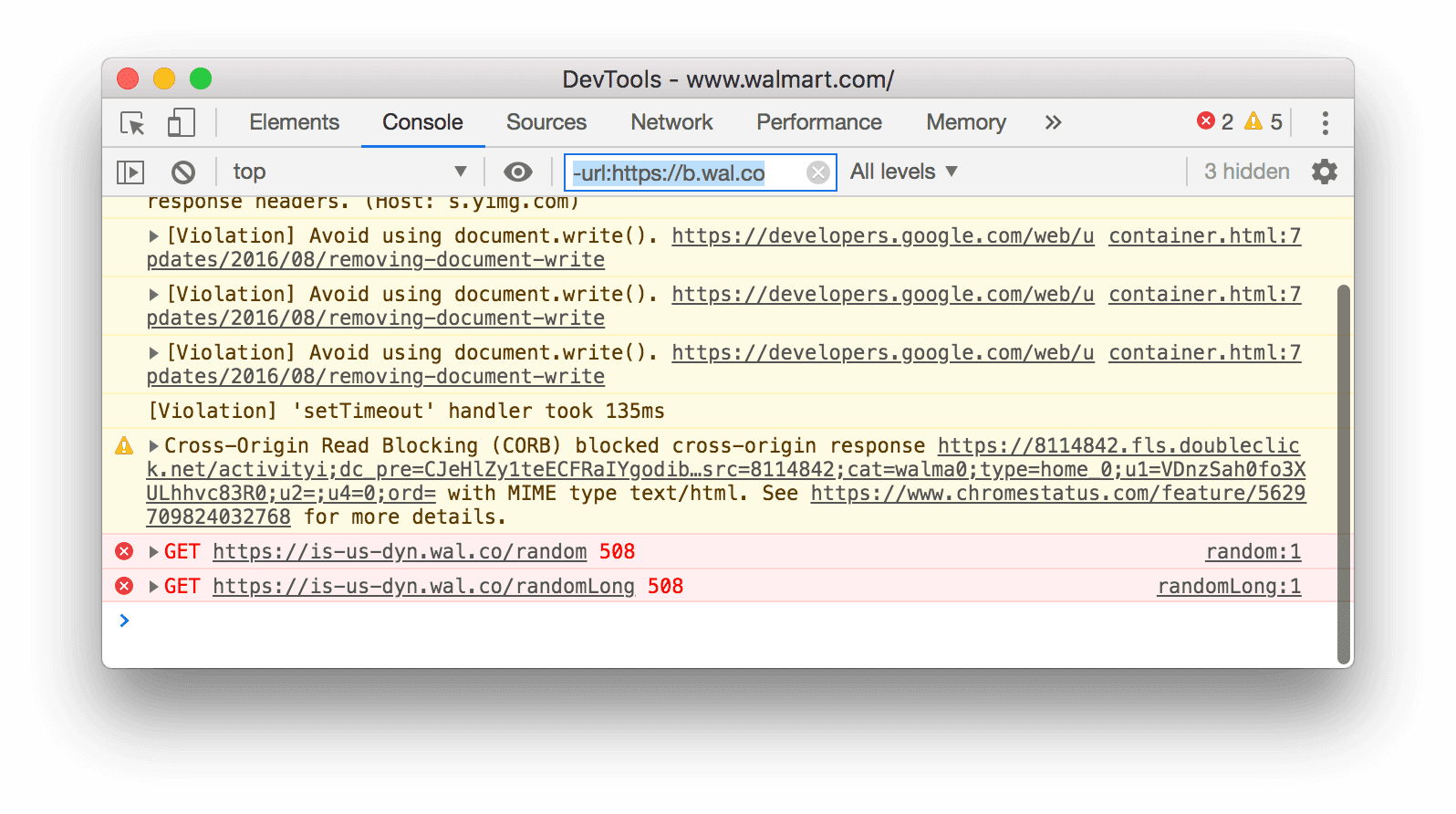 Ein URL-Ausschlussfilter. DevTools blendet alle Nachrichten aus, die mit der angegebenen URL übereinstimmen.