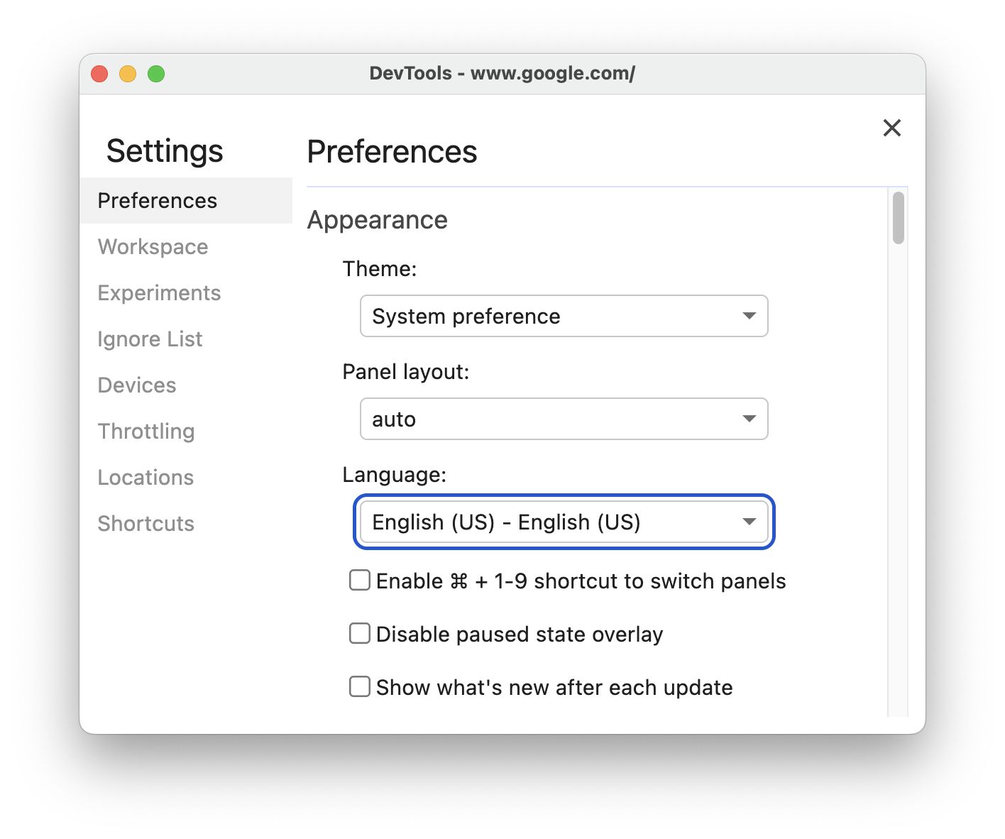 Language setting in DevTools.