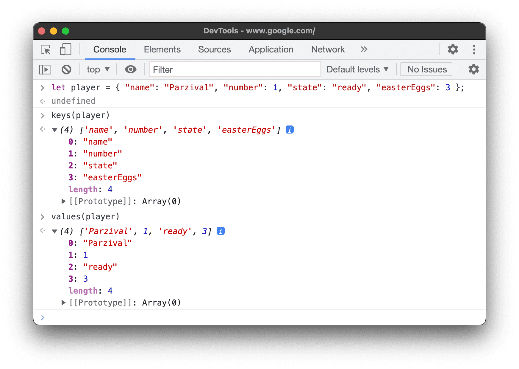 Example of keys() and values() methods.