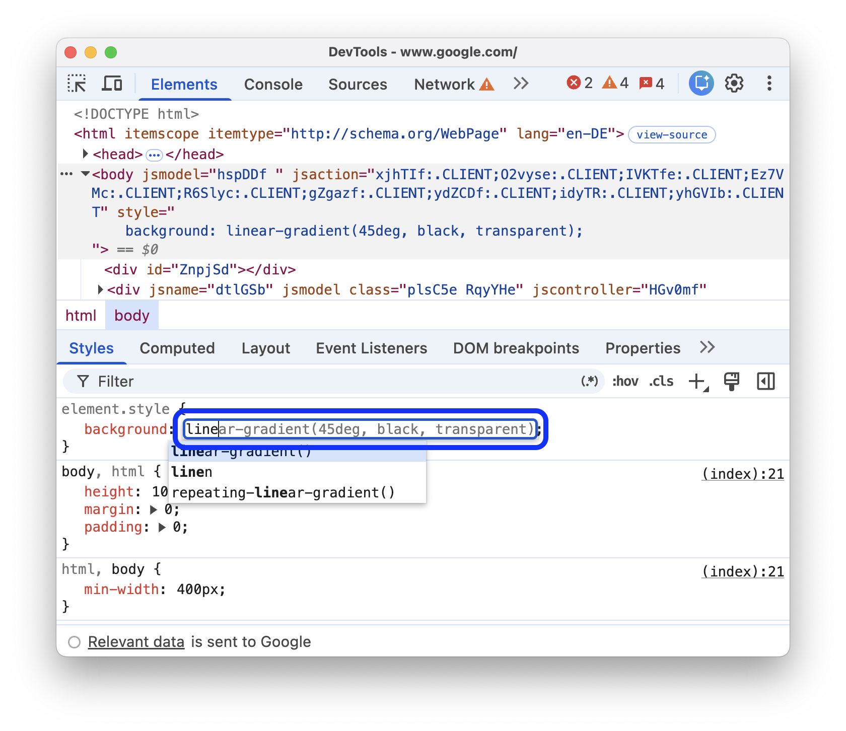 使用程式碼補全功能新增 CSS 屬性。