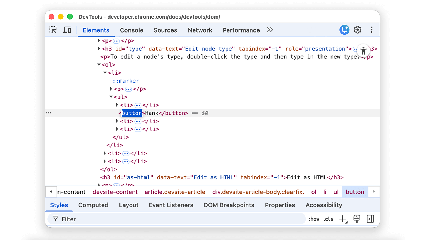 Mengubah jenis node menjadi tombol