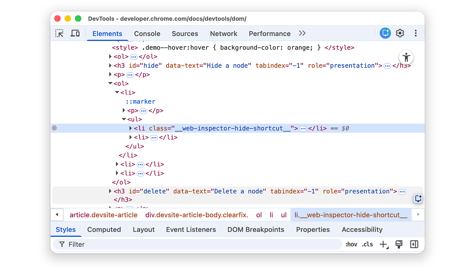 شکل ظاهری گره در درخت DOM پس از پنهان شدن