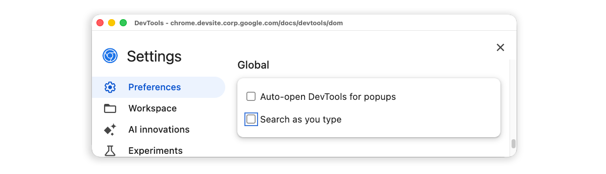 Odznaczono pole wyboru Wyszukiwanie w trakcie pisania w Ustawieniach.