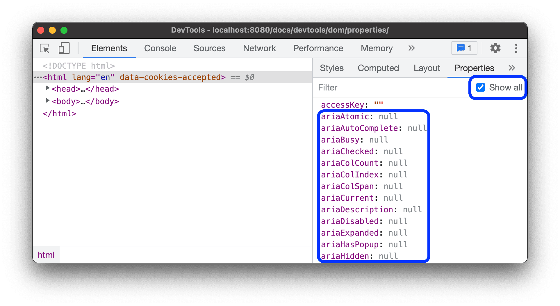 Properties with null values.