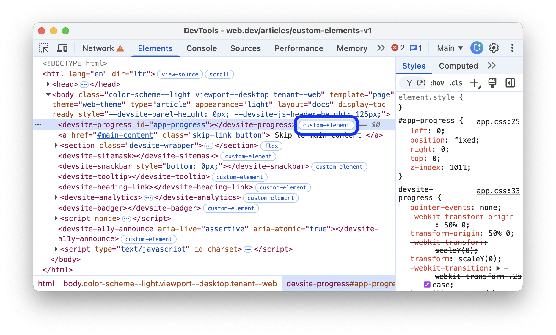 DOM 樹狀結構中，自訂 HTML 元素旁的自訂元素徽章。