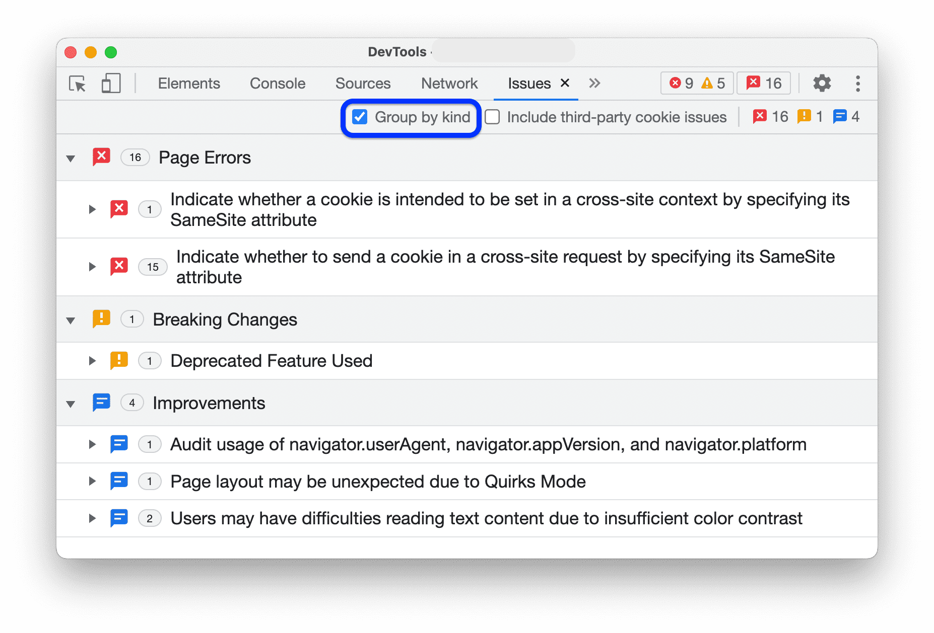 Issues grouped in three kinds: Page errors, Breaking changes, and Improvements.