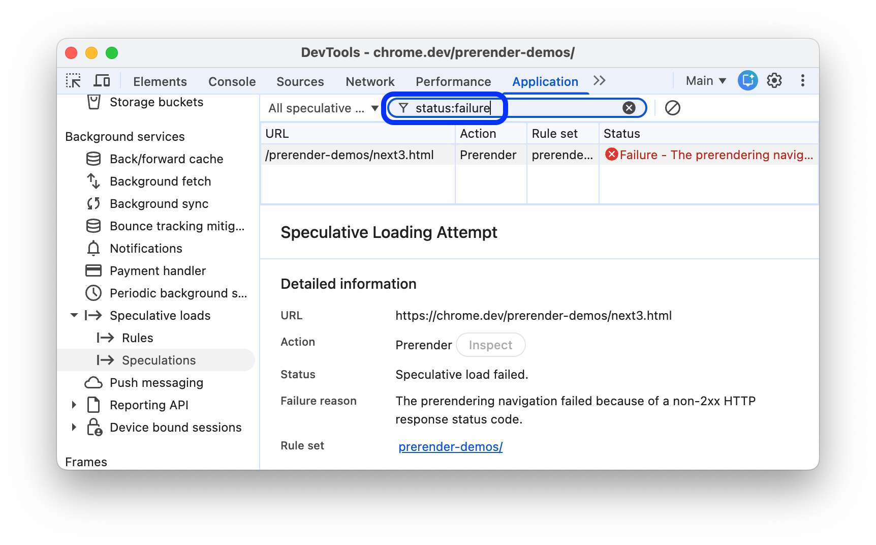 Speculations table filter bar.