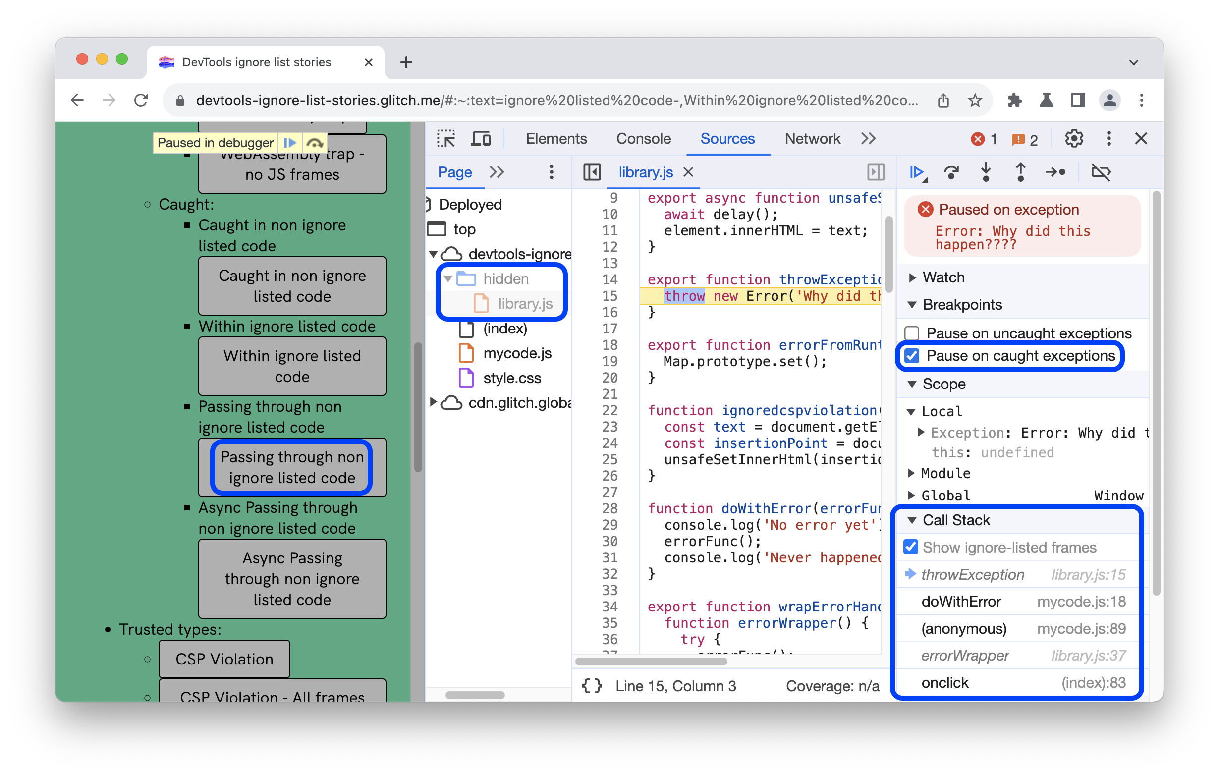 Paused on a caught exception that passes through a non-ignored frame in the call stack.