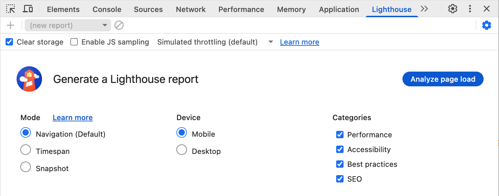 Le varie opzioni disponibili nel riquadro DevTools, tra cui "Cancella spazio di archiviazione", "Attiva campionamento JS" e le opzioni di limitazione nella barra delle impostazioni, la selezione di modalità, dispositivo e categorie